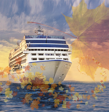 image of the RS Insignia Cruise vessel with fall leaves overlay