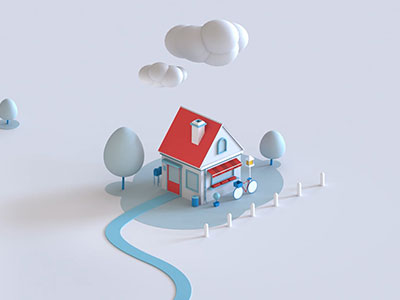 cartoon image of house with two trees, a bike outside and clouds overhead