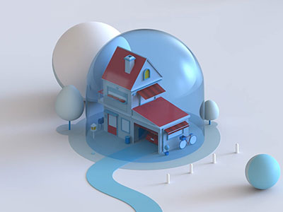 cartoon image of house and car surrounded by a protective bubble together
