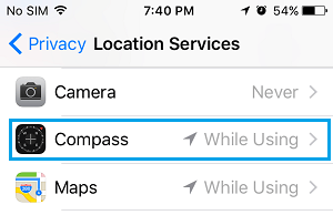 compass option location services screen iphone