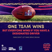 image of Superbowl football on field with slogan encouraging fans to not drive drunk