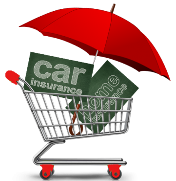 image of shopping cart with umbrella covering slates that read car and home insurance