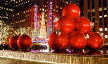 image of large Christmas ornaments in NYC