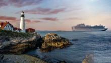 image of shoreline lighthouse and cruise ship in the water